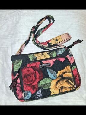 Vera Bradley Quilted Floral Crossbody - Black with Red & Yellow Roses